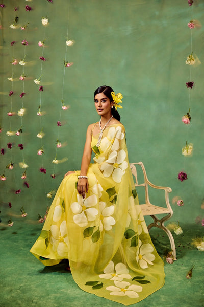 Bright Yellow Pure Organza Saree with Oversized Hand-Painted White Flowers & Sequin Detailing | Satin Blouse Included
