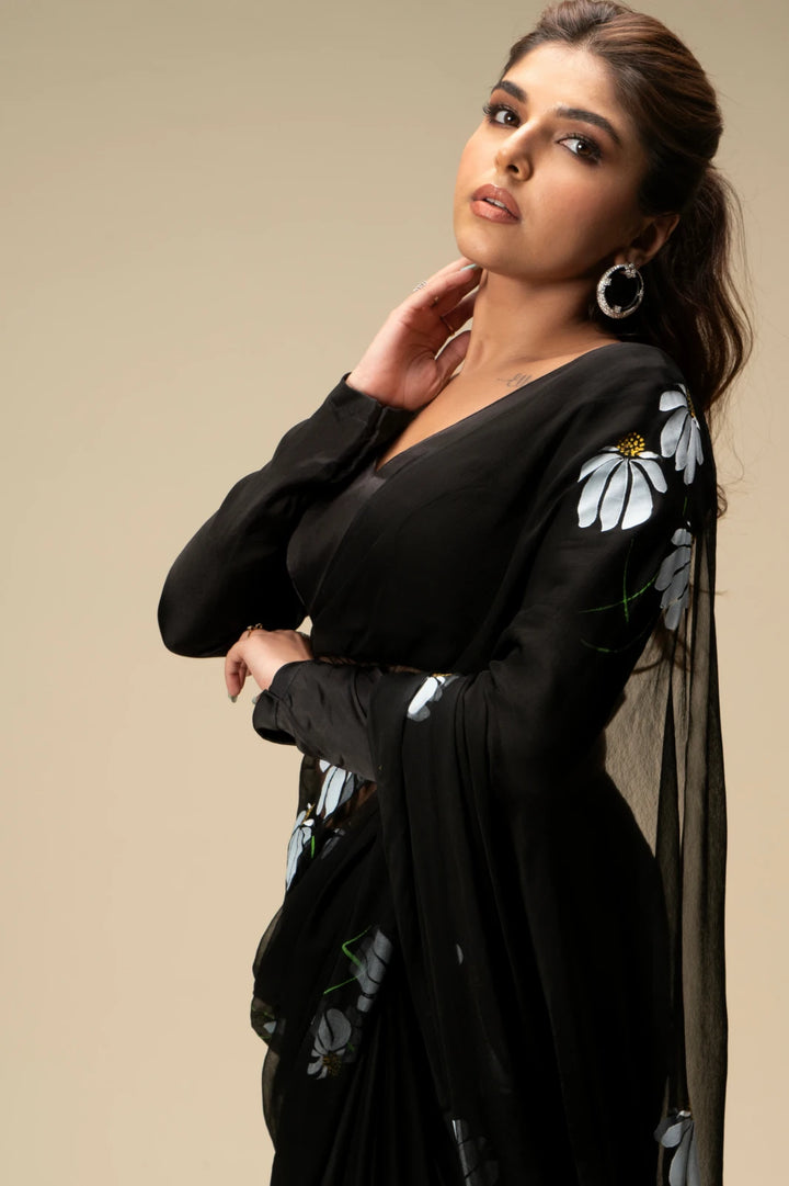 Black Chiffon Saree with White Floral Design | Lightweight Designer Saree with Blouse Piece