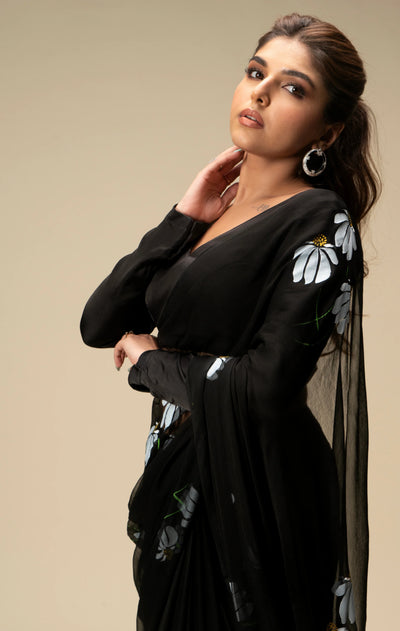 Black Hand-Painted Pure Georgette Saree with White Floral Motifs & Sequins | Modal Satin Blouse