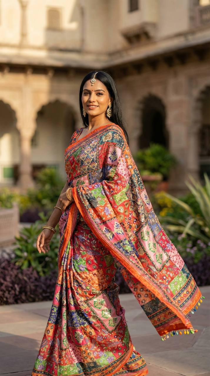 Multicolor Patchwork Print Modal Silk Saree with Floral Motifs, Vibrant Heritage Design & Tassel Detailing