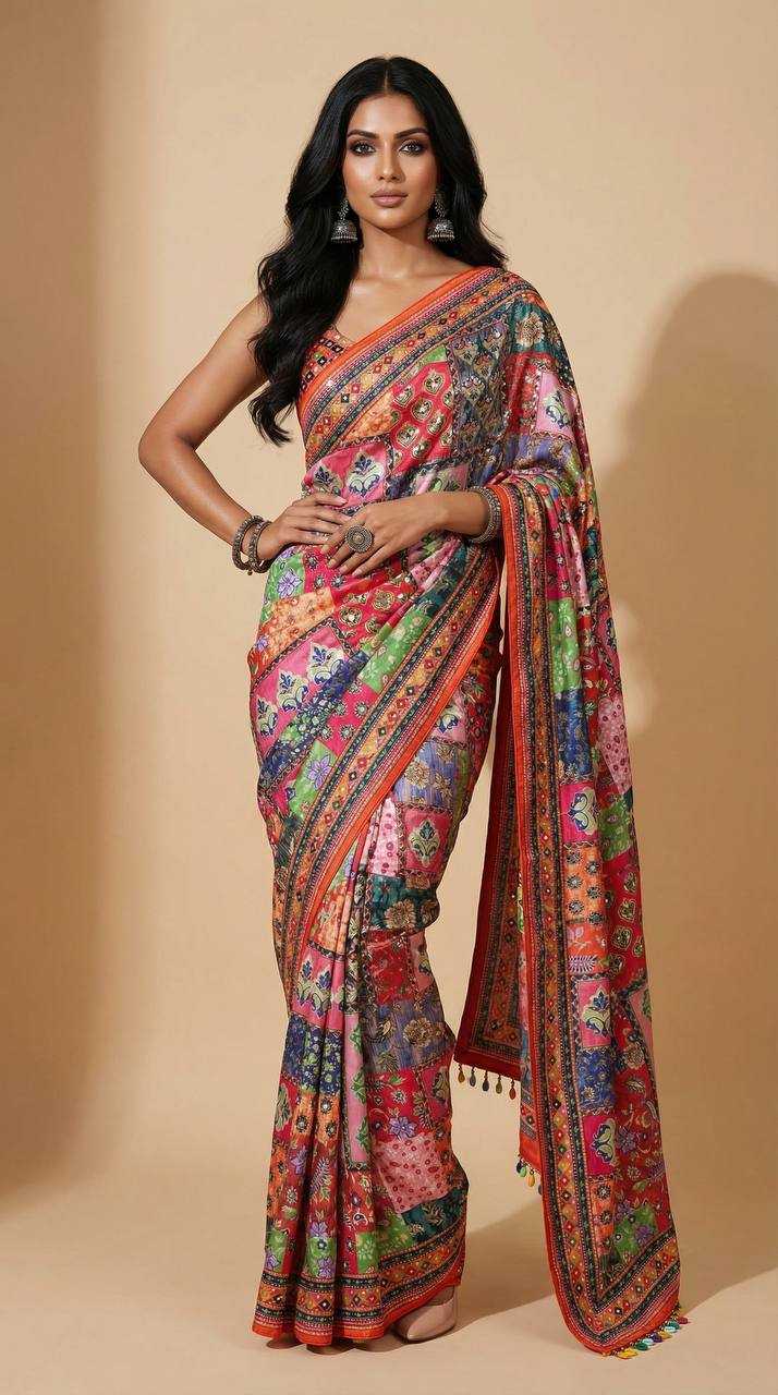 Multicolor Patchwork Print Modal Silk Saree with Floral Motifs, Vibrant Heritage Design & Tassel Detailing