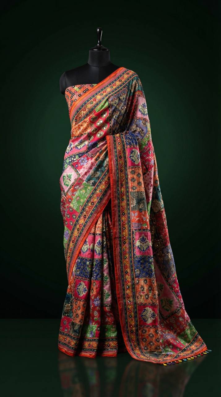 Multicolor Patchwork Print Modal Silk Saree with Floral Motifs, Vibrant Heritage Design & Tassel Detailing