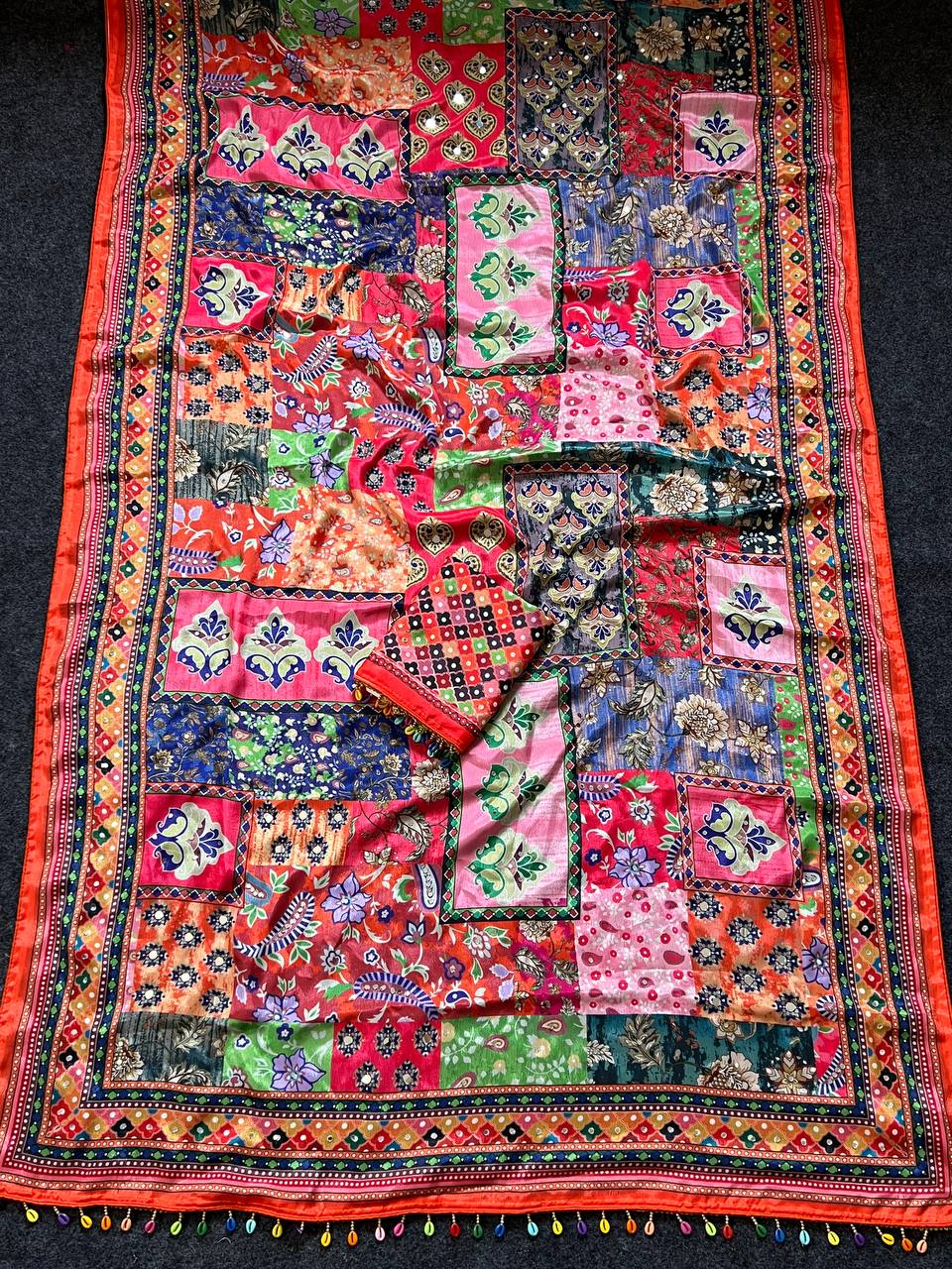 Multicolor Patchwork Print Modal Silk Saree with Floral Motifs, Vibrant Heritage Design & Tassel Detailing