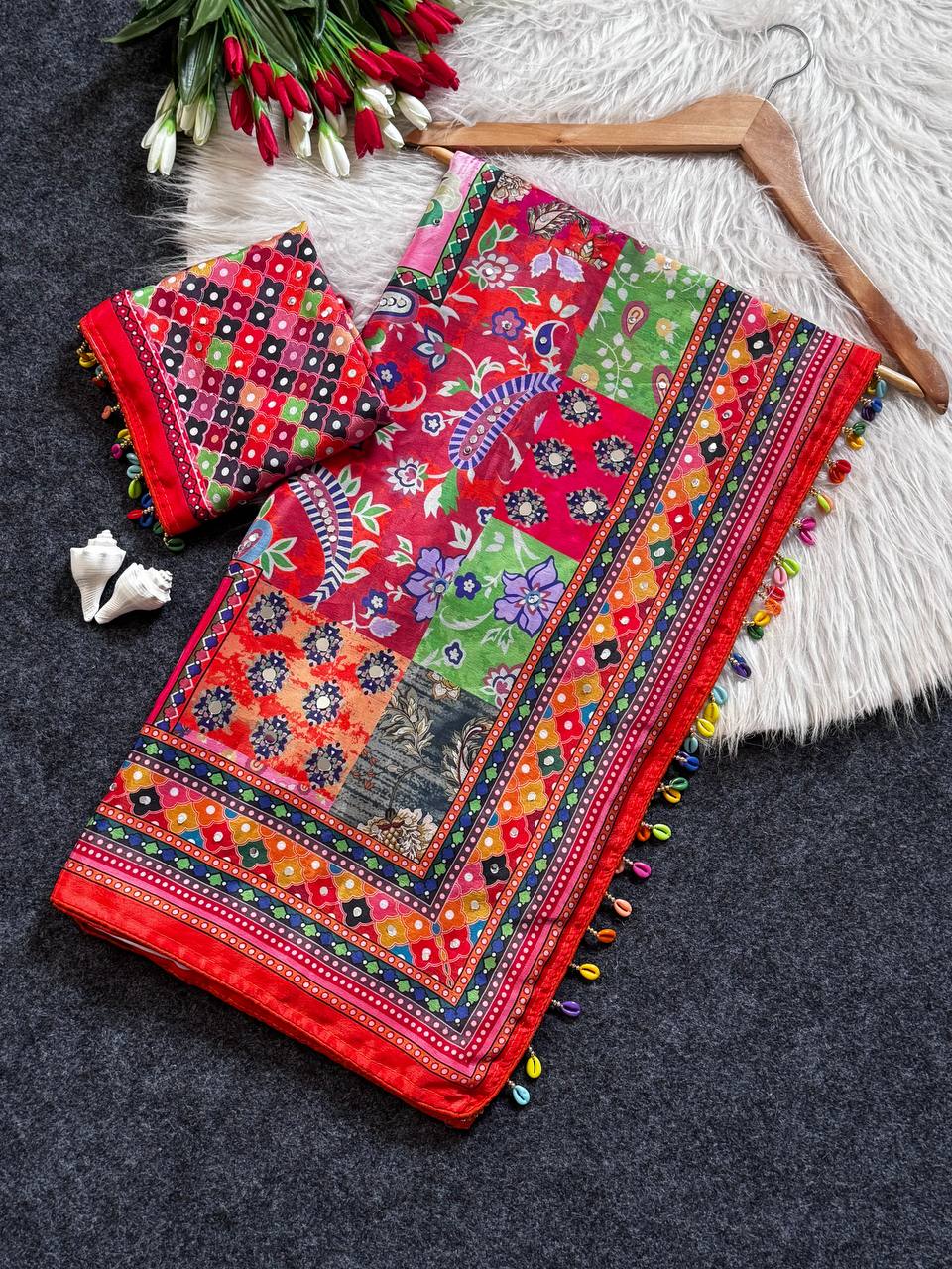 Multicolor Patchwork Print Modal Silk Saree with Floral Motifs, Vibrant Heritage Design & Tassel Detailing