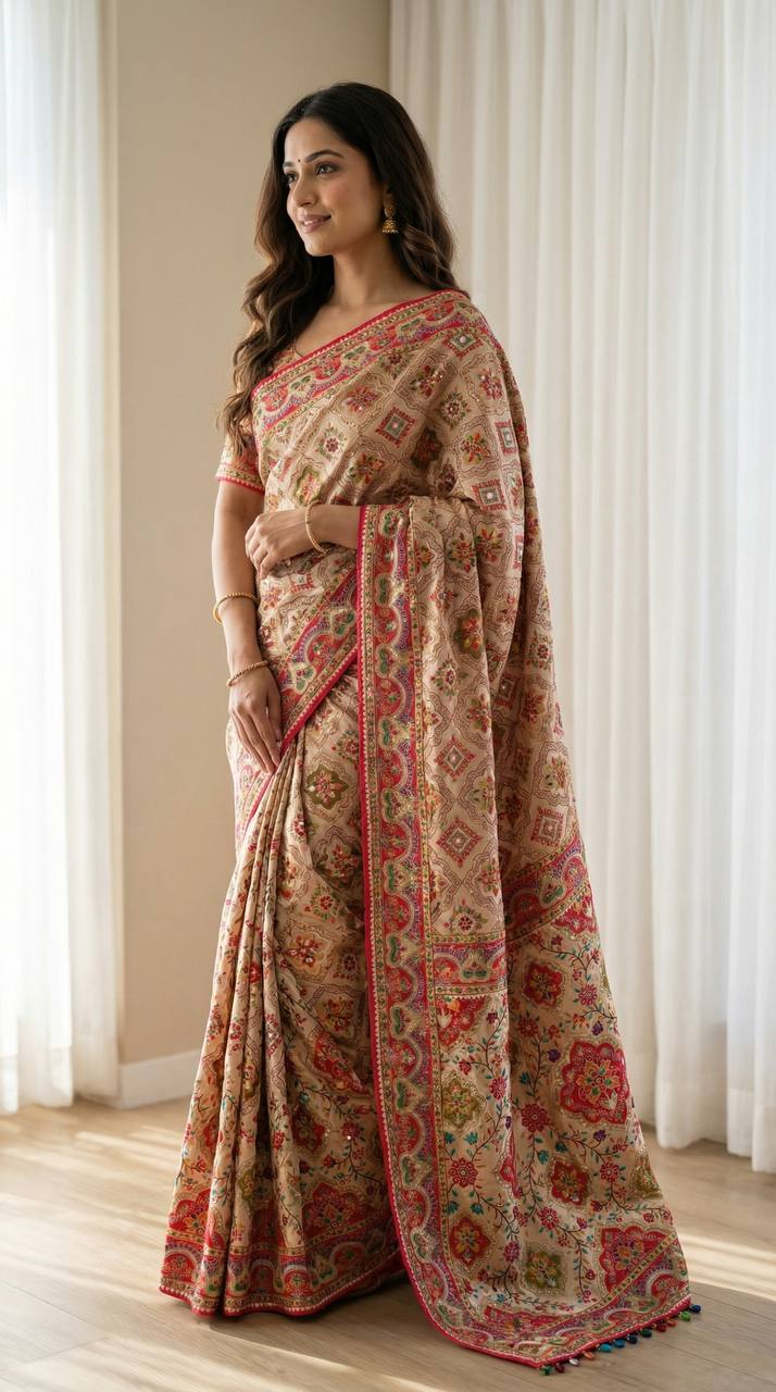 Beige Floral Heritage Print Modal Silk Saree with Intricate Border, Multicolor Motifs & Tassel Detailing