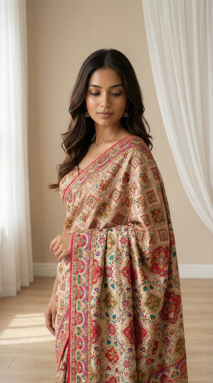 Beige Floral Heritage Print Modal Silk Saree with Intricate Border, Multicolor Motifs & Tassel Detailing
