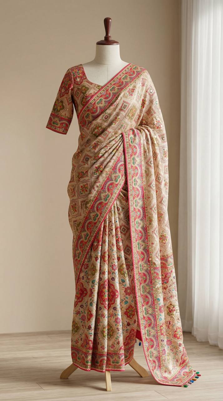 Beige Floral Heritage Print Modal Silk Saree with Intricate Border, Multicolor Motifs & Tassel Detailing