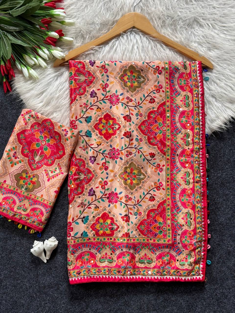 Beige Floral Heritage Print Modal Silk Saree with Intricate Border, Multicolor Motifs & Tassel Detailing
