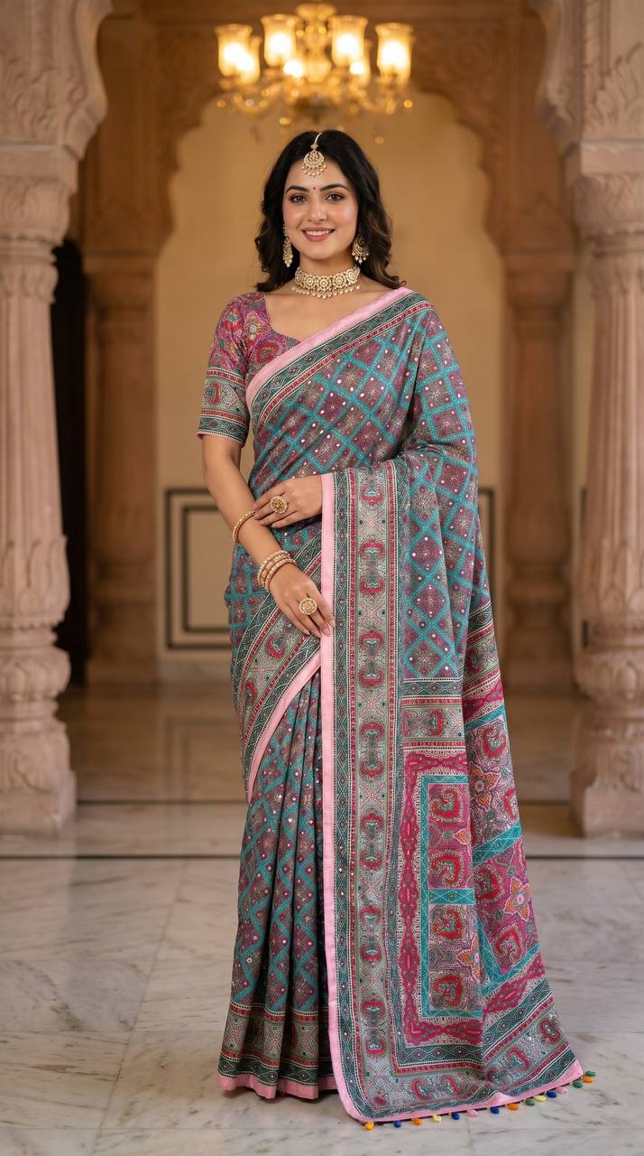 Teal Blue & Pink Modal Silk Ajrakh Printed Saree with Geometric Motifs, Heritage Pallu & Multicolor Tassel Detailing
