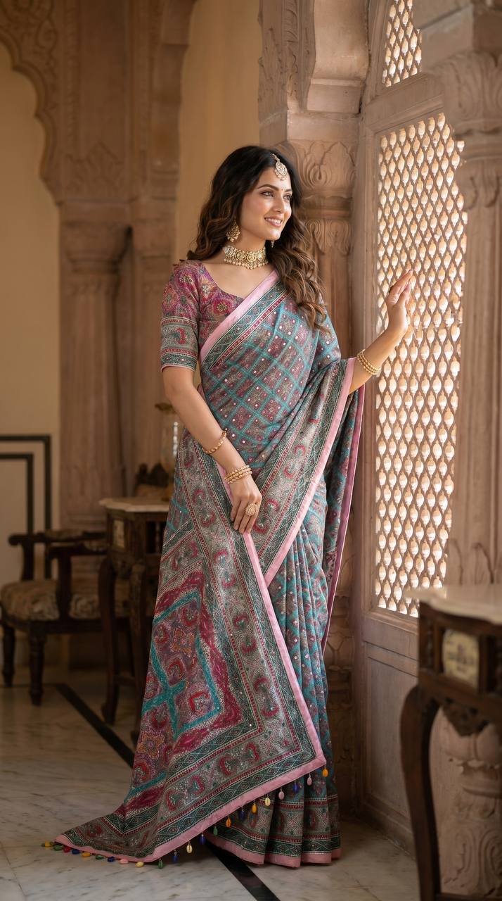 Teal Blue & Pink Modal Silk Ajrakh Printed Saree with Geometric Motifs, Heritage Pallu & Multicolor Tassel Detailing