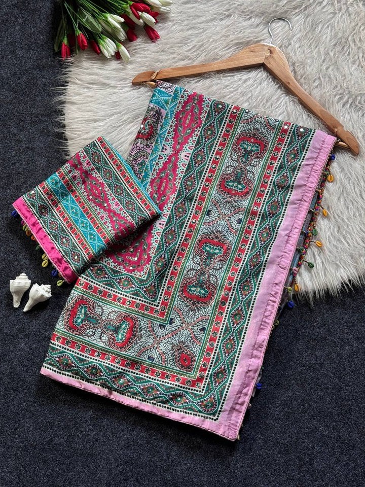Teal Blue & Pink Modal Silk Ajrakh Printed Saree with Geometric Motifs, Heritage Pallu & Multicolor Tassel Detailing