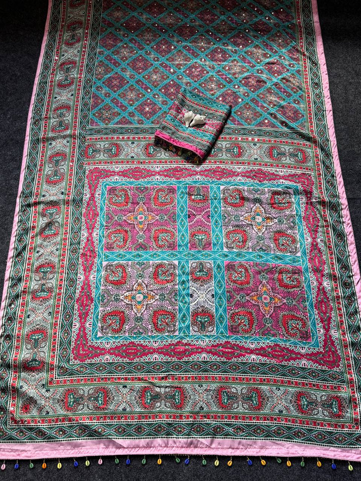 Teal Blue & Pink Modal Silk Ajrakh Printed Saree with Geometric Motifs, Heritage Pallu & Multicolor Tassel Detailing