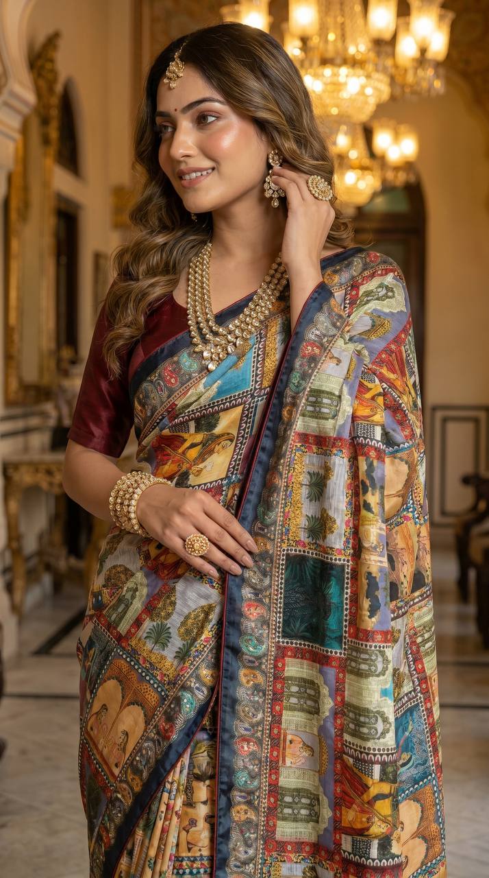 Multicolor Heritage Print Modal Silk Saree with Artistic Storytelling Motifs, Patchwork-Inspired Design & Tassel Detailing