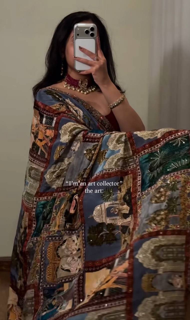 Multicolor Heritage Print Modal Silk Saree with Artistic Storytelling Motifs, Patchwork-Inspired Design & Tassel Detailing