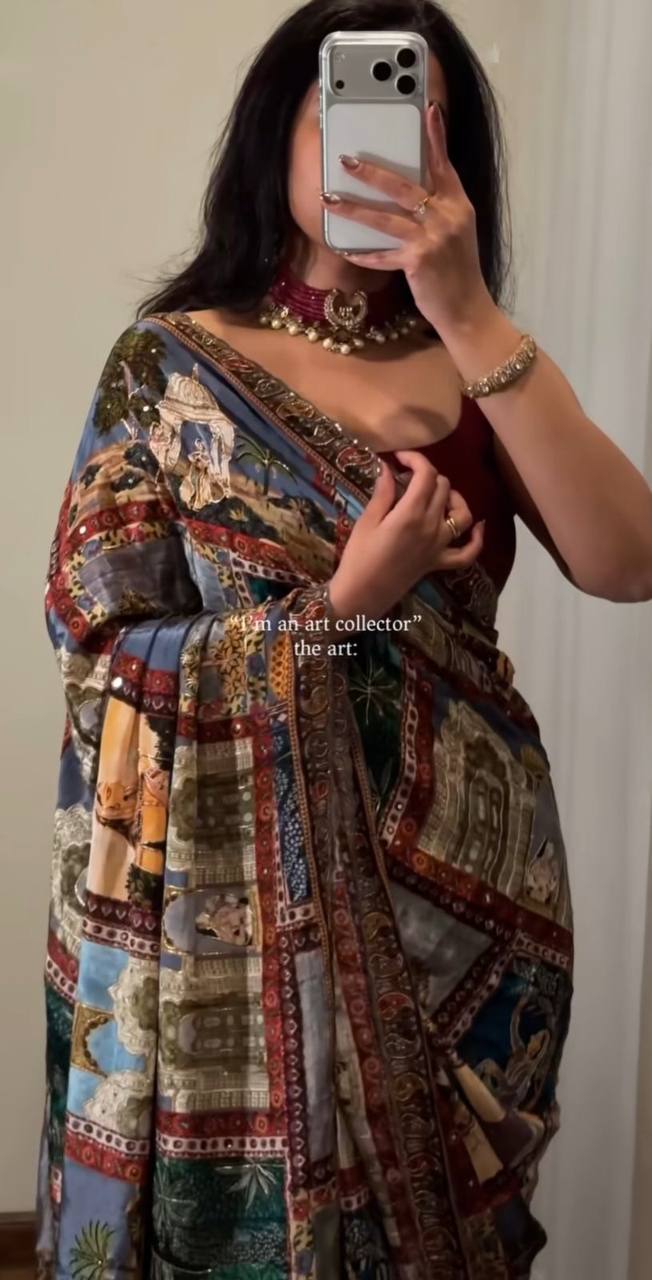 Multicolor Heritage Print Modal Silk Saree with Artistic Storytelling Motifs, Patchwork-Inspired Design & Tassel Detailing