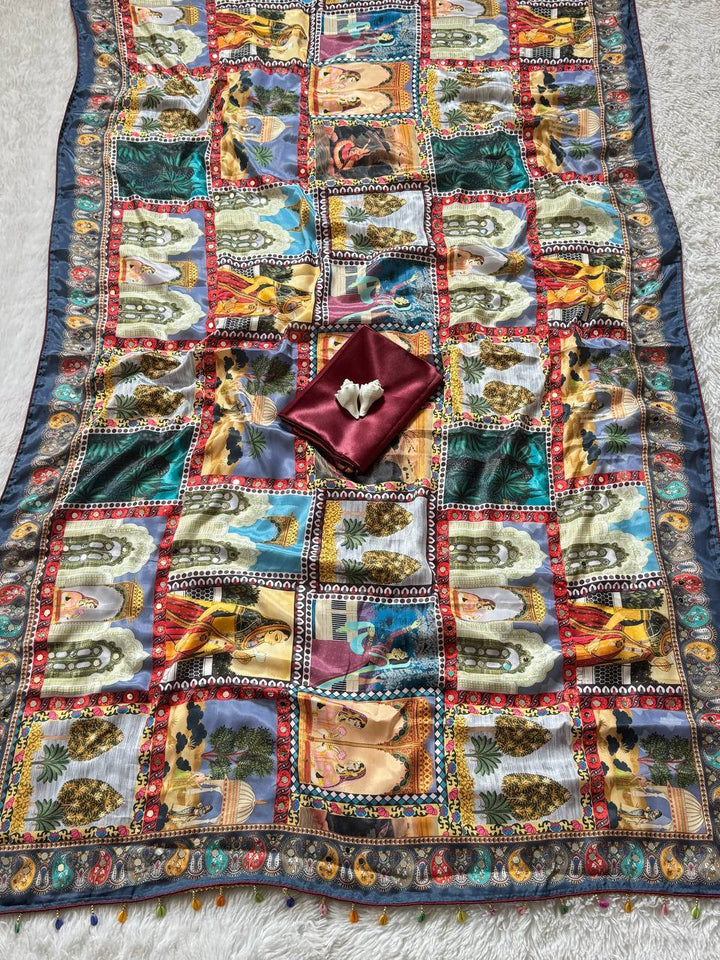Multicolor Heritage Print Modal Silk Saree with Artistic Storytelling Motifs, Patchwork-Inspired Design & Tassel Detailing
