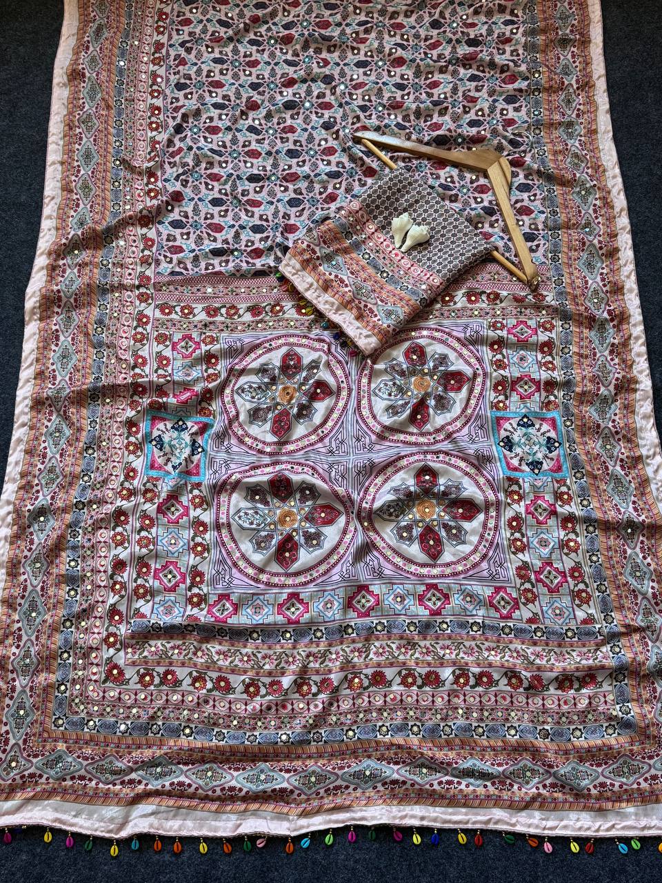 Dusty Rose Heritage Print Modal Silk Saree with Intricate Floral Motifs, Ornamental Pallu & Multicolor Tassel Detailing