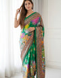 Emerald Green Artistic Digital Print Modal Silk Saree with Heritage Border, Multicolor Motifs & Decorative Tassels