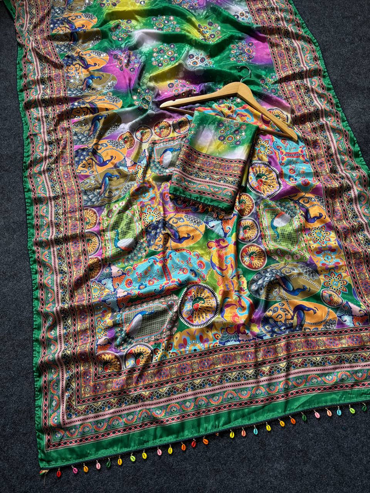 Emerald Green Artistic Digital Print Modal Silk Saree with Heritage Border, Multicolor Motifs & Decorative Tassels