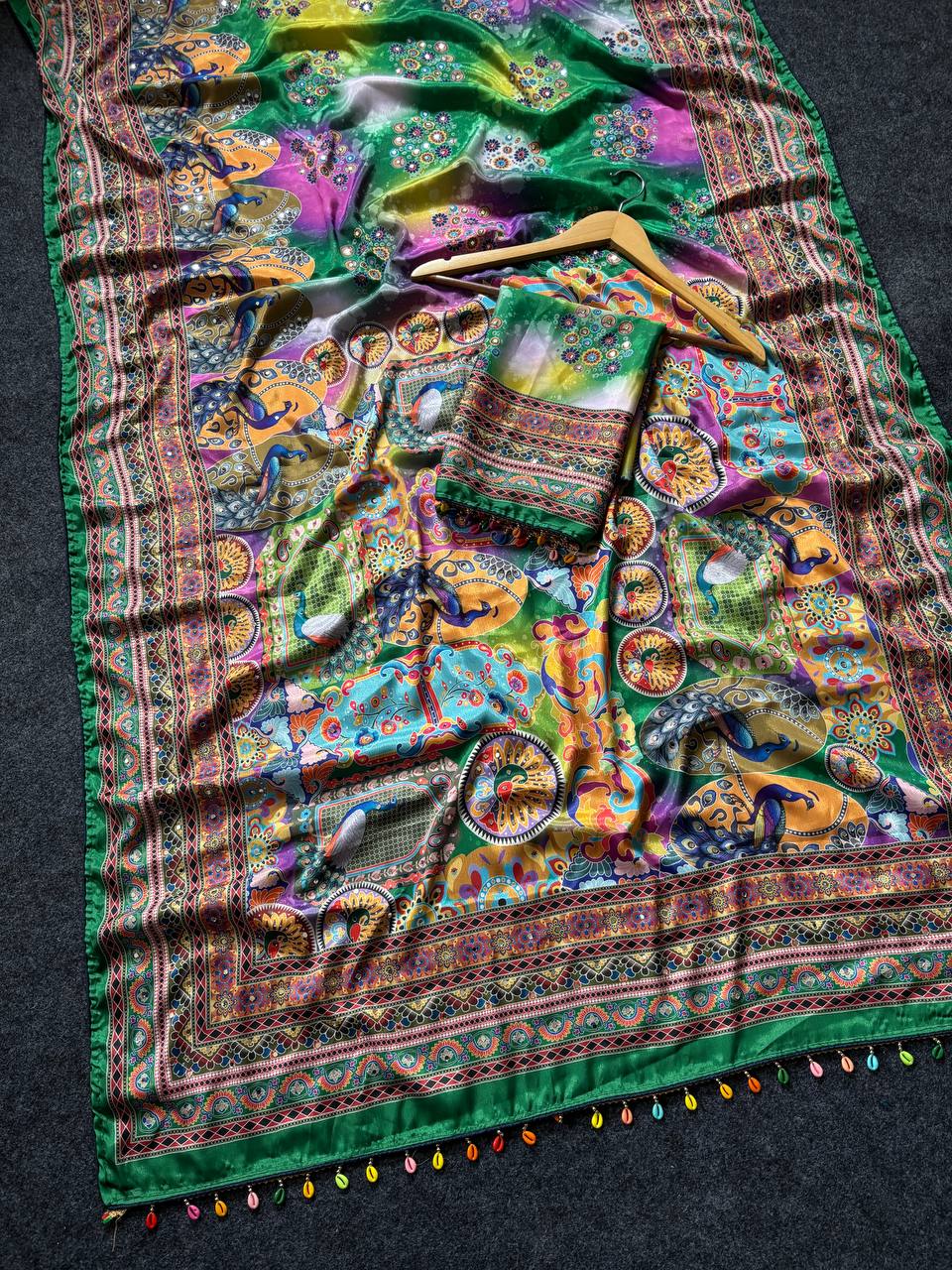 Emerald Green Artistic Digital Print Modal Silk Saree with Heritage Border, Multicolor Motifs & Decorative Tassels