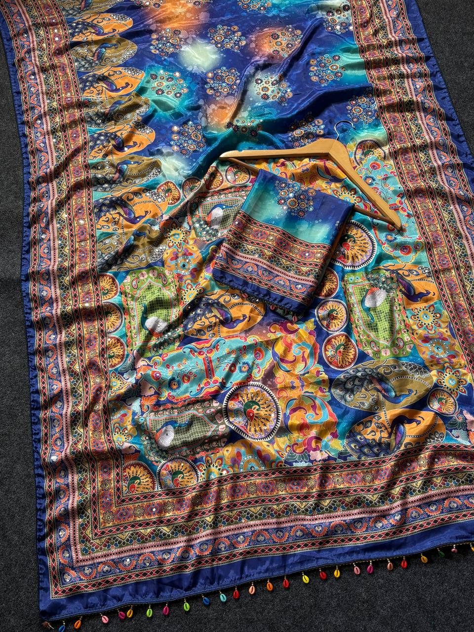 Royal Blue Artistic Digital Print Modal Silk Saree with Multicolor Heritage Border, Designer Pallu & Tassel Detailing