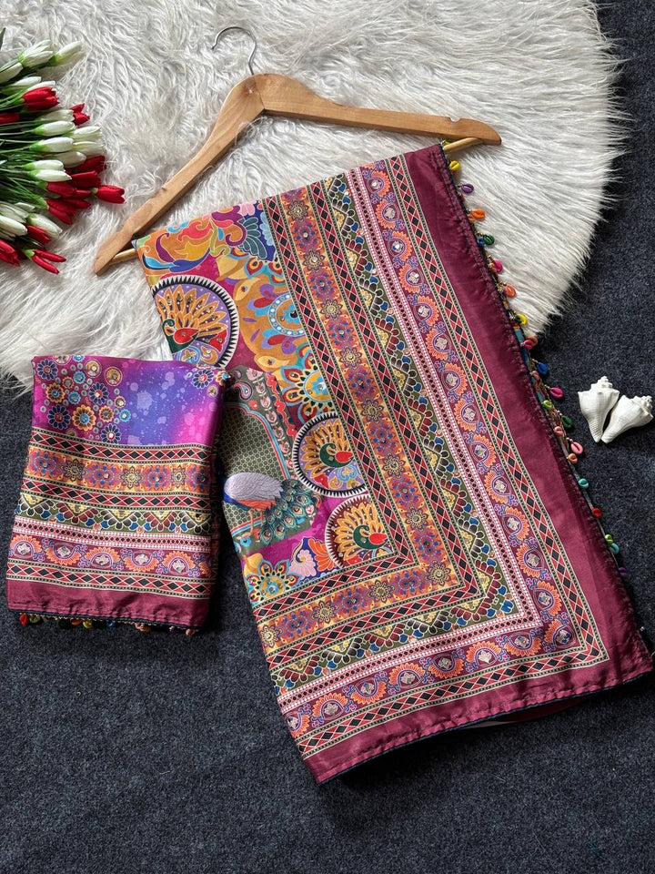 Magenta Purple Artistic Digital Print Modal Silk Saree with Heritage Border, Multicolor Designer Pallu & Tassel Detailing