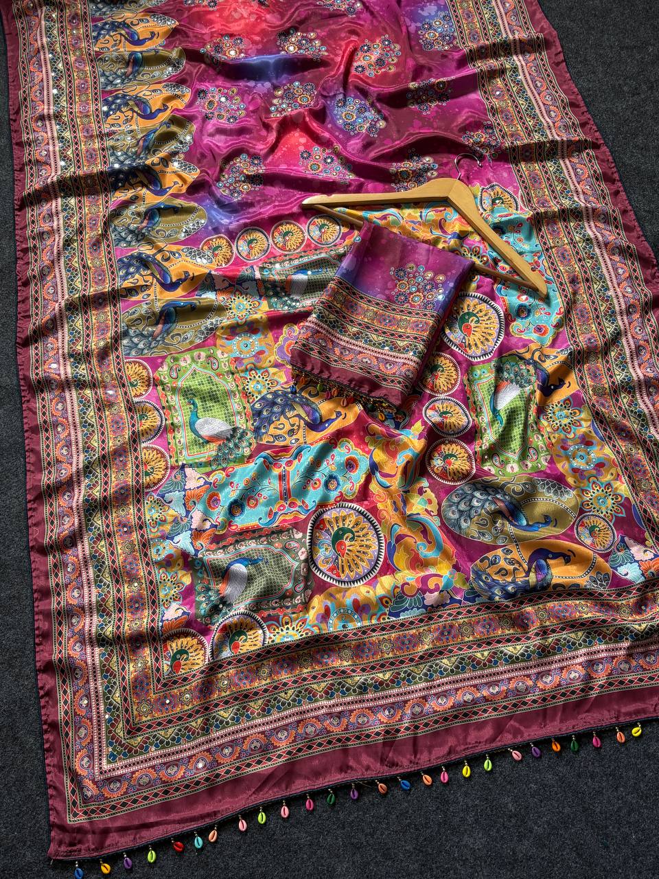 Magenta Purple Artistic Digital Print Modal Silk Saree with Heritage Border, Multicolor Designer Pallu & Tassel Detailing