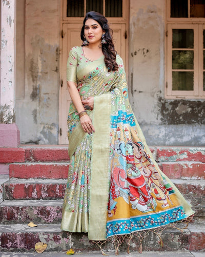 Pure Silk Digitally Printed Saree Weaved With Golden Zari Comes With Tassels - Almaari Fashion