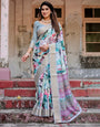 Graceful Floral Digital Print Saree with Gold Paisley Border and Multicolor Pallu