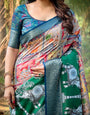 Multicolored Digital Print Tussar Silk Saree with Intricate Zari Border and Elephant Motif Pallu
