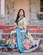Beige & Teal Tussar Silk Saree with Intricate Kalamkari and Zari Border