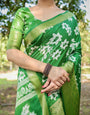 Enchanting Green Tussar Silk Saree with White Floral Prints and Zari Border