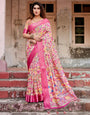 Peach and Fuchsia Floral Digital Print Tussar Silk Saree with Zari Border and Paisley Pallu