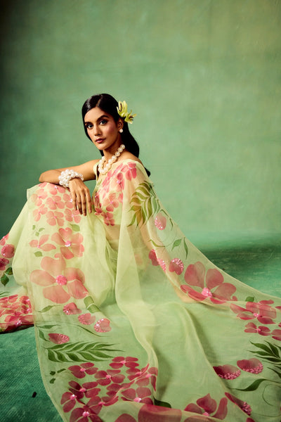 Mint Green Pure Organza Saree with Hand-Painted Pink Floral Motifs & Sequin Detailing | Satin Blouse