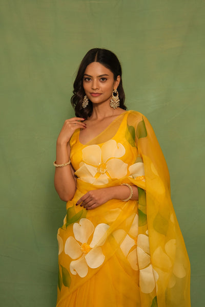 Sunshine Yellow Pure Organza Saree with Hand-Painted White Floral Motifs & Sequin Embellishments