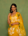 Sunshine Yellow Pure Organza Saree with Hand-Painted White Floral Motifs & Sequin Embellishments
