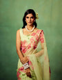 Mint Green Pure Organza Saree with Hand-Painted Pink Floral Motifs & Sequin Detailing | Satin Blouse