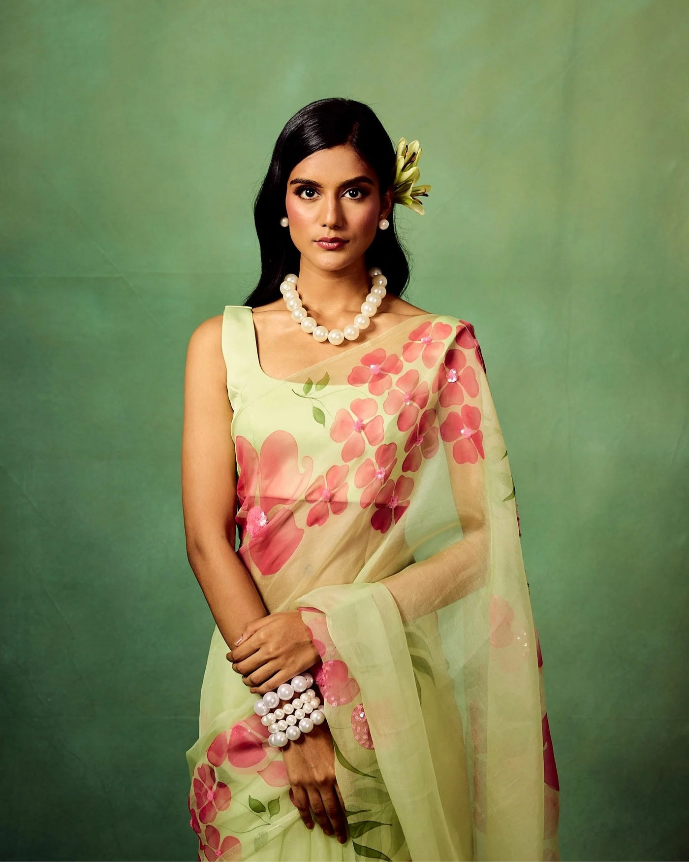 Mint Green Pure Organza Saree with Hand-Painted Pink Floral Motifs & Sequin Detailing | Satin Blouse