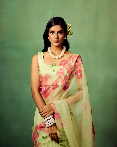 Mint Green Pure Organza Saree with Hand-Painted Pink Floral Motifs & Sequin Detailing | Satin Blouse
