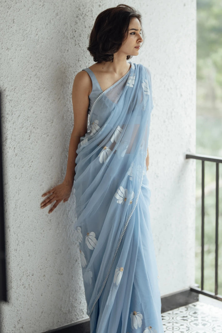 Powder Blue Chiffon Saree with White Floral Design | Lightweight Designer Saree with Blouse Piece
