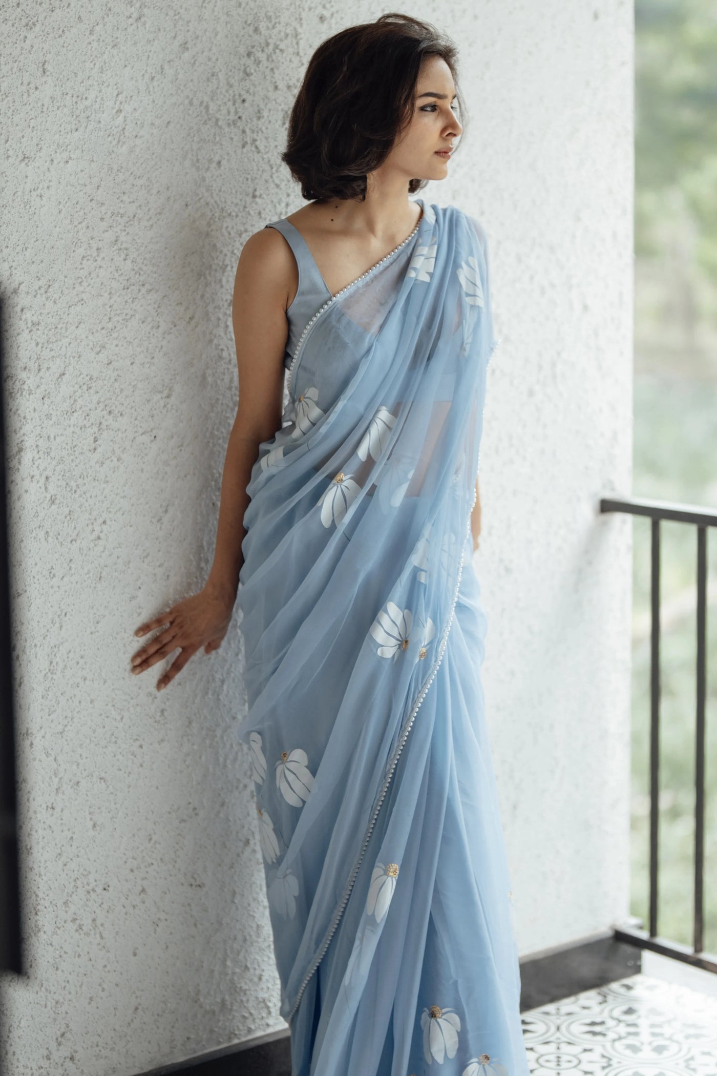 Sky Blue Pure Georgette Hand-Painted Floral Saree with Sequins & Pearl Detailing | Satin Blouse