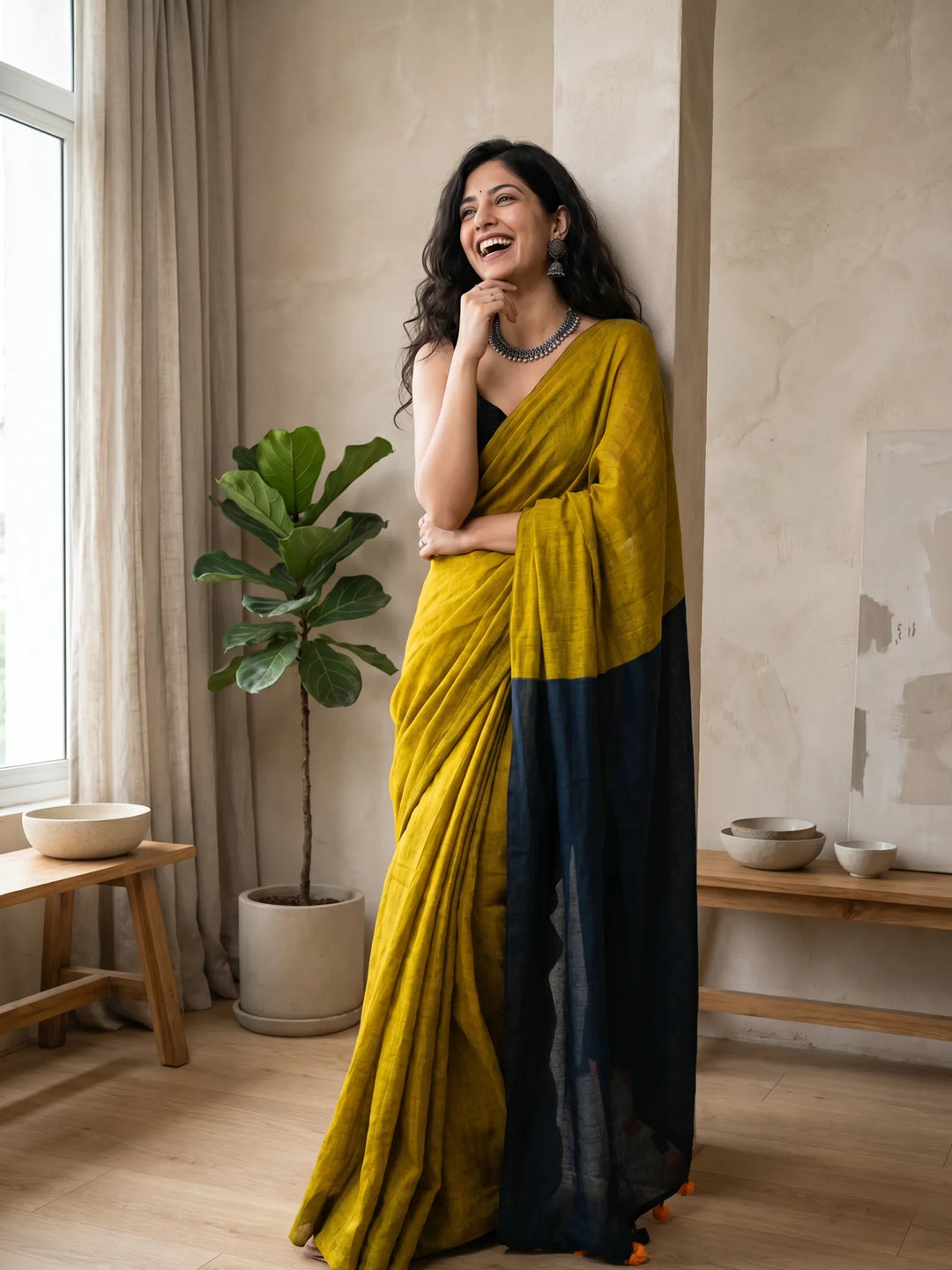 Mustard Yellow Mul Cotton Saree with Midnight Blue Contrast Pallu, Tassels & Matching Blouse