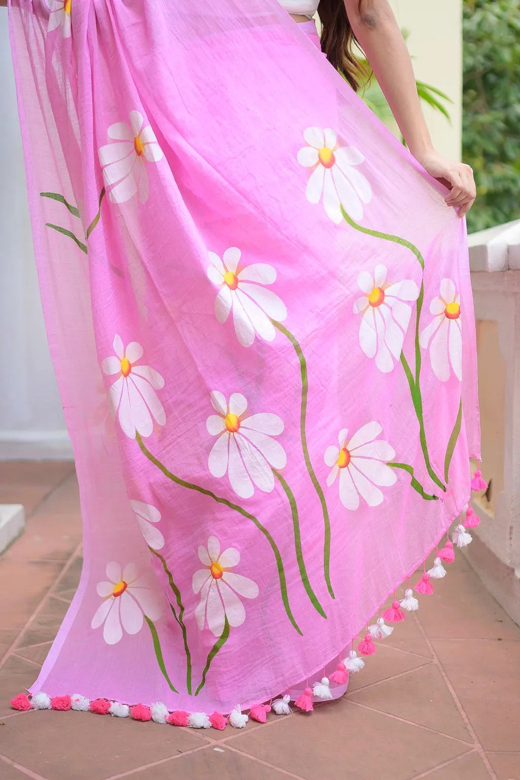Blush Pink Mul Cotton Saree with Hand-Painted Daisy Floral Design & Tasselled Pallu