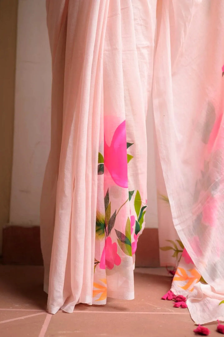 Blush Pink Mul Cotton Saree with Statement Floral Print & Tasselled Pallu