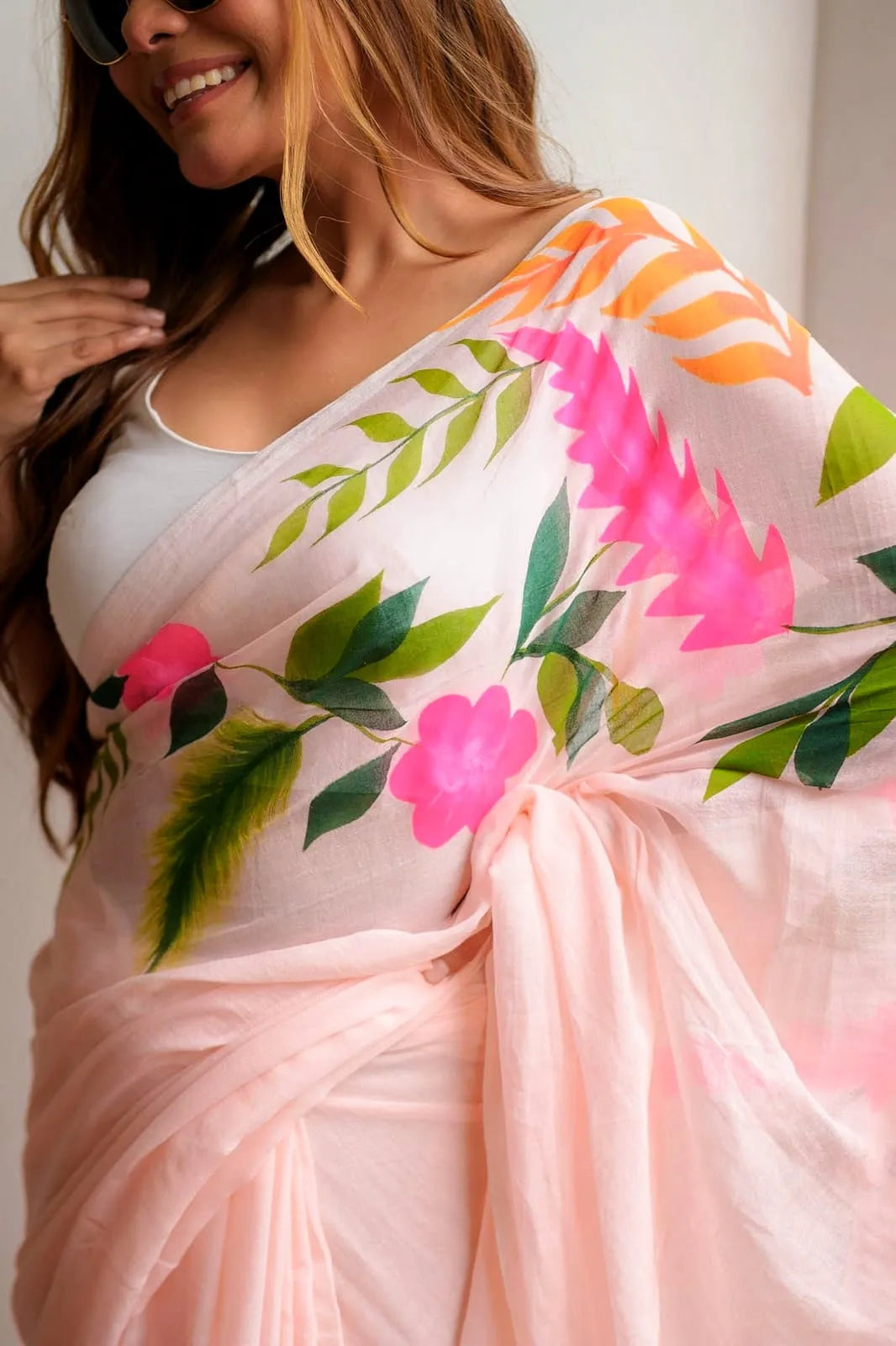 Blush Pink Mul Cotton Saree with Statement Floral Print & Tasselled Pallu