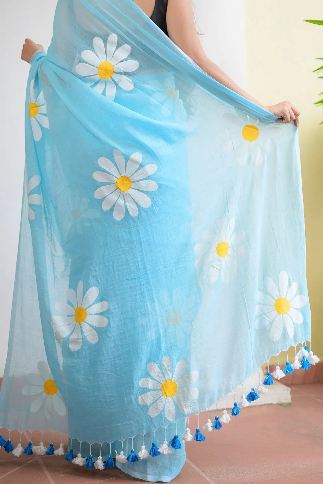 Sky Blue Mul Cotton Saree with Daisy Floral Print & Blue-White Tasselled Pallu