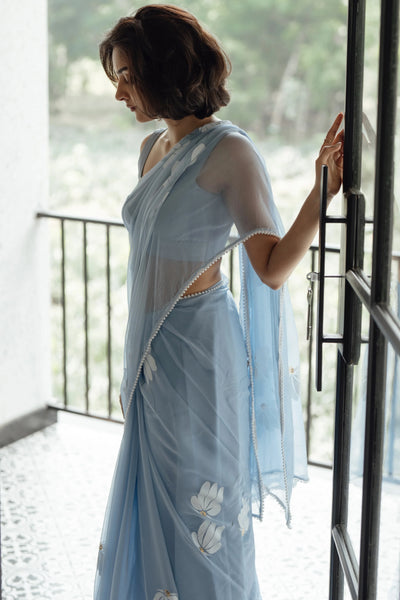 Sky Blue Pure Georgette Hand-Painted Floral Saree with Sequins & Pearl Detailing | Satin Blouse