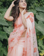 Peach Blossom Hand-Painted Pure Organza Saree with White Sequin Floral Motifs & Modal Satin Blouse