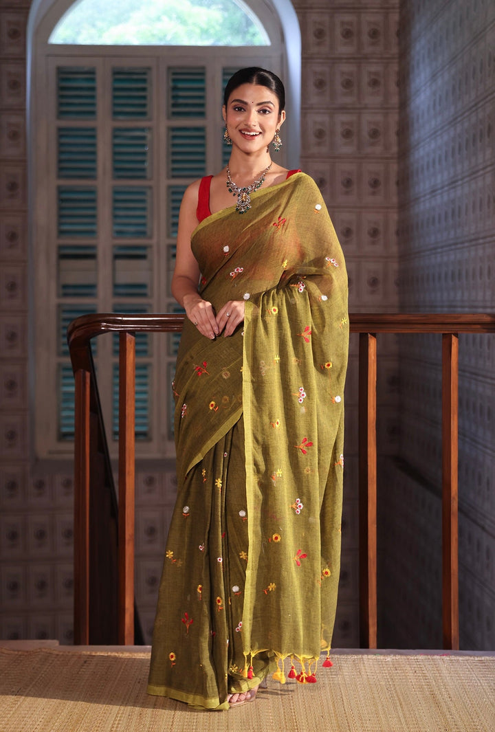 Olive Green Mul Cotton Saree with Multicolour Floral Motifs, Woven Border & Tassel Pallu