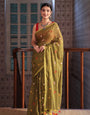Olive Green Mul Cotton Saree with Multicolour Floral Motifs, Woven Border & Tassel Pallu